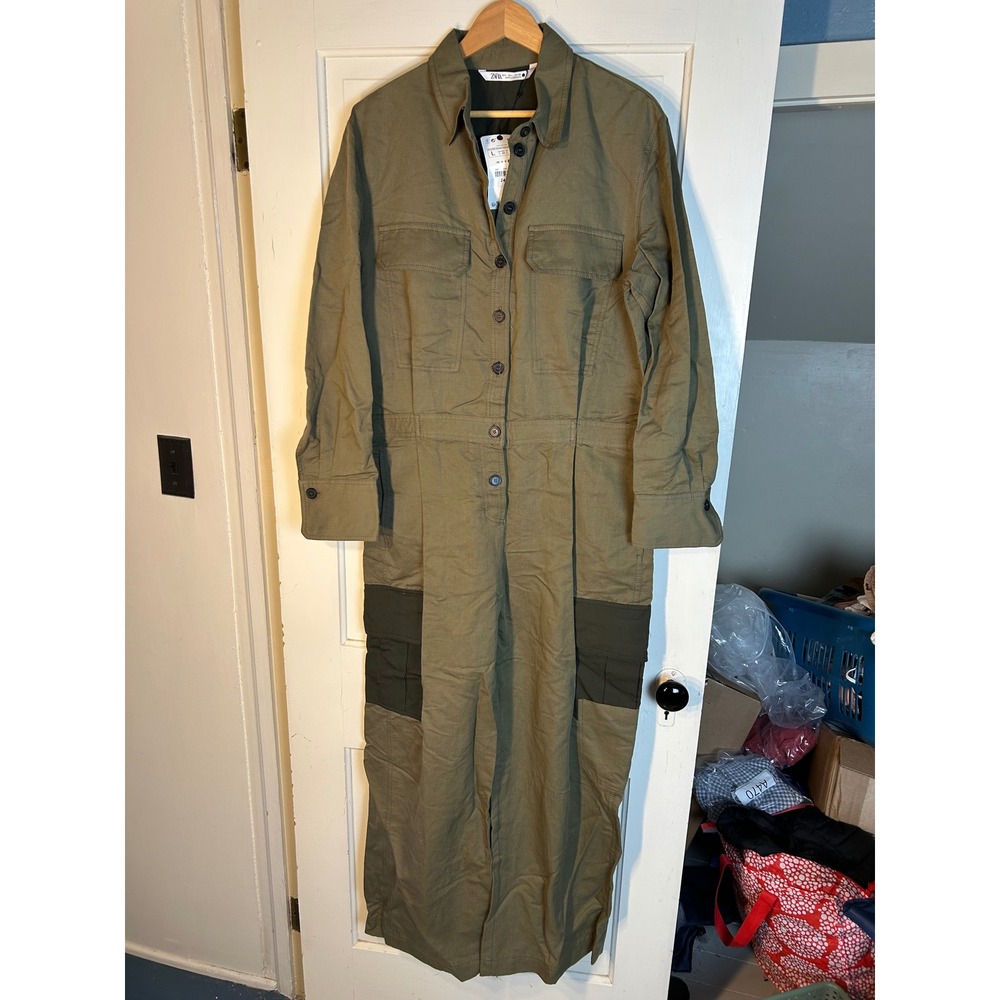 Zara Limited Edition Patchwork Jumpsuit Olive Green Linen Cotton Utility L - Picture 3 of 5